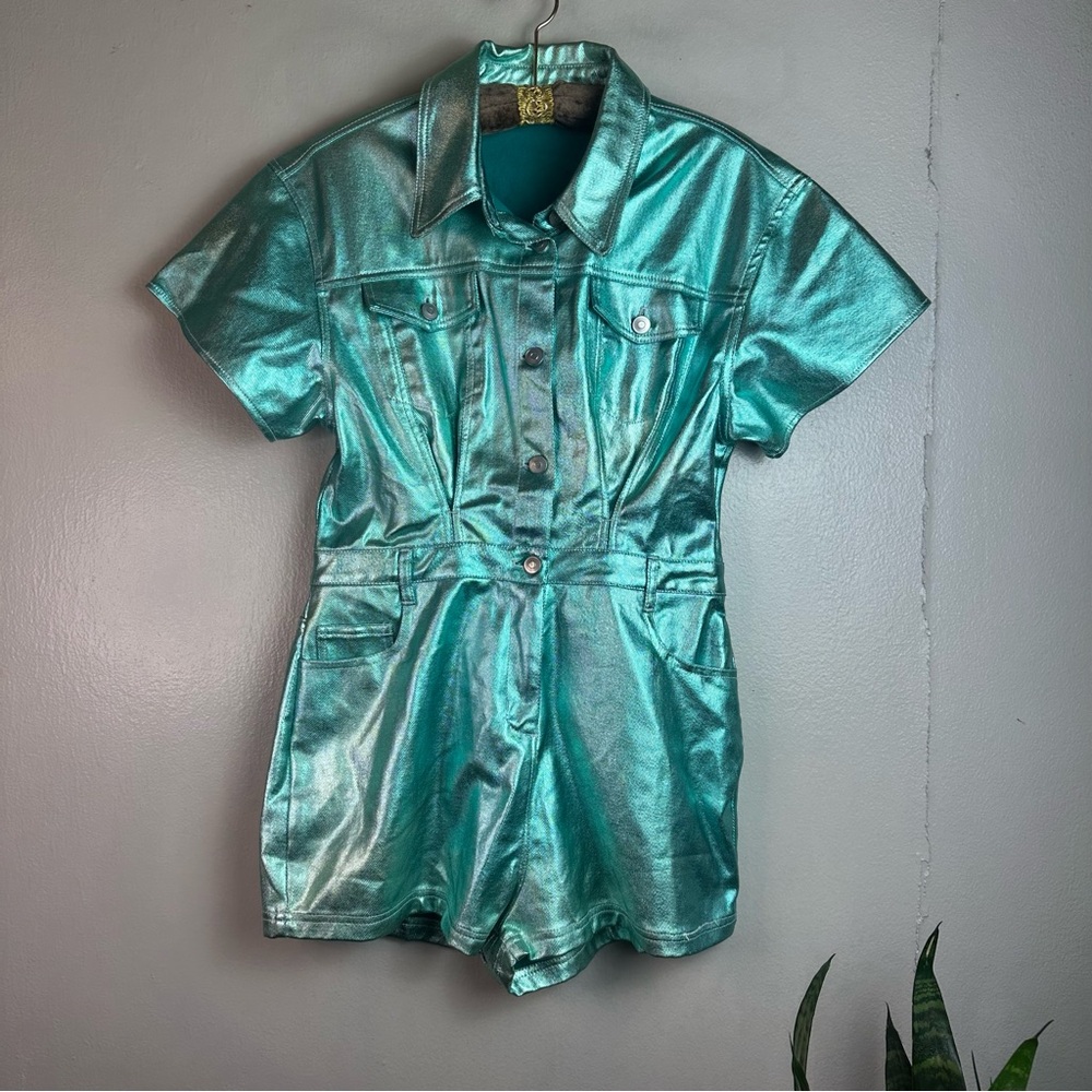 Peach Love California Women’s Turquoise Metallic Romper Sz M